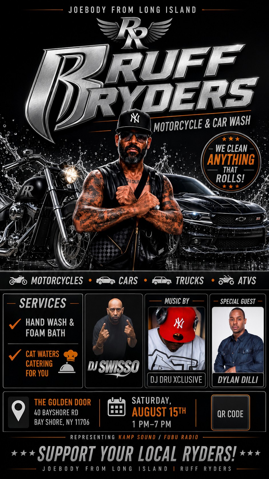 Ruff Ryders Motorcycle & Car Wash event flyer — Saturday August 15, 1-7PM at The Golden Door