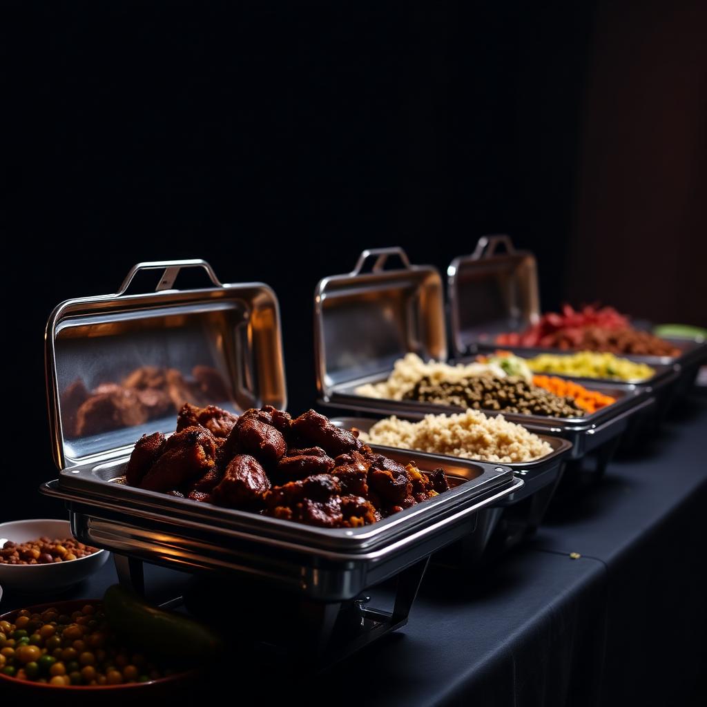 Cat Waters Catering chafing trays of Caribbean food