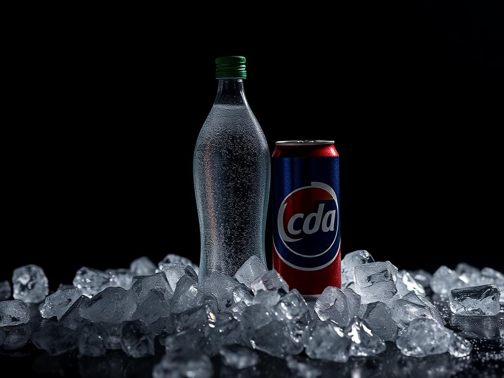 Bottled water and canned soda on ice